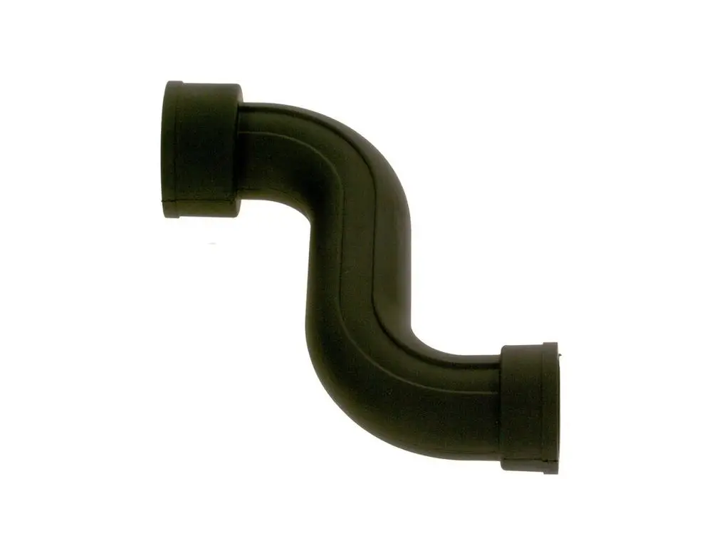 Schwarze, gebogene Rohrleitung mit zwei Anschlussmöglichkeiten. Produkt von Bosch, geeignet für Heizungs- oder Lüftungssysteme.